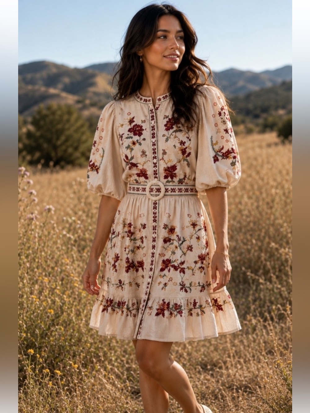 NWT Caroline Constas Embroidered Floral Puff Sleeve Belted Mini Dress M